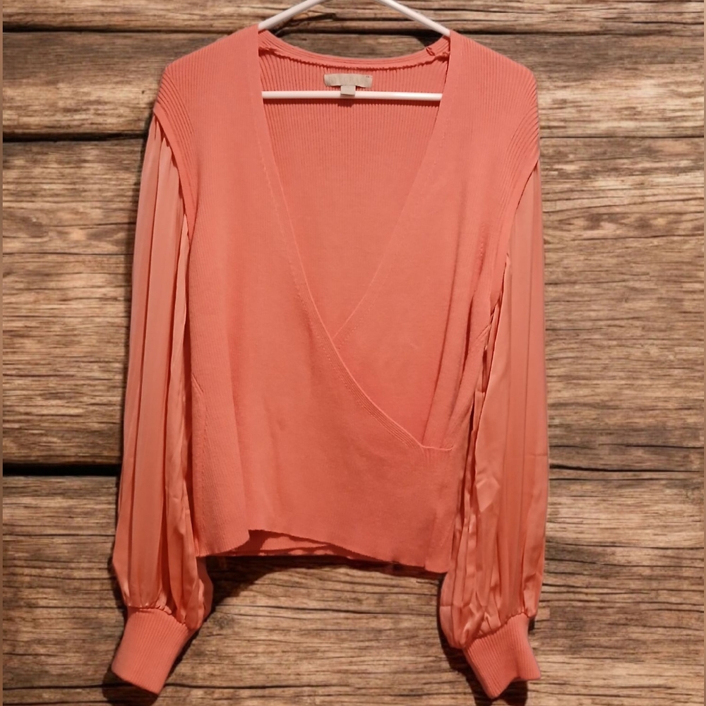 Ryegrass Pink Vneck Sweater Blouse Satin Balloon Sleeves Woman Large Cottagecore